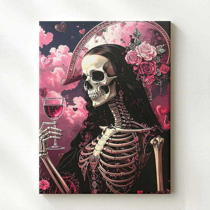 Skeleton Mona Lisa with Pink Clouds Canvas – Classic Halloween Art Remix - Gifitto
