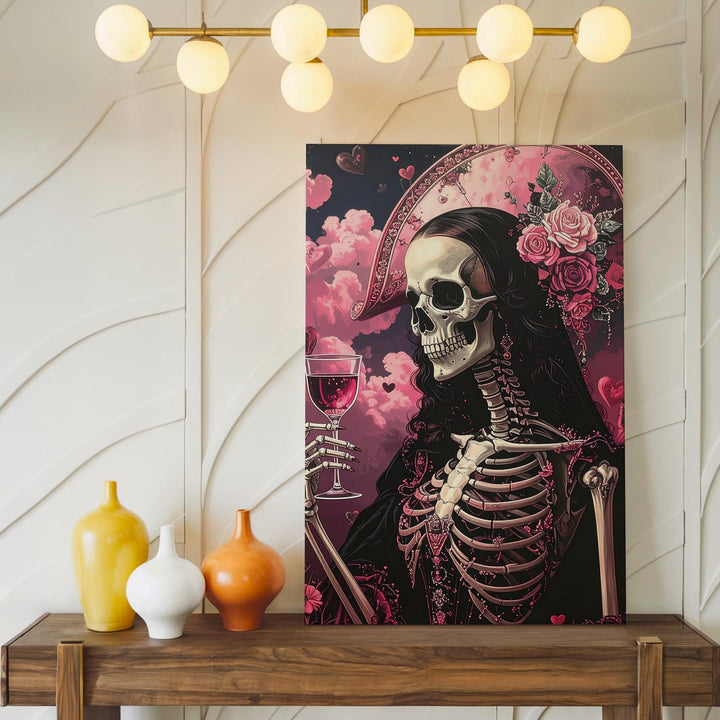 Skeleton Mona Lisa with Pink Clouds Canvas – Classic Halloween Art Remix - Gifitto