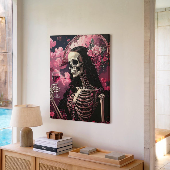 Skeleton Mona Lisa with Pink Clouds Canvas – Classic Halloween Art Remix - Gifitto