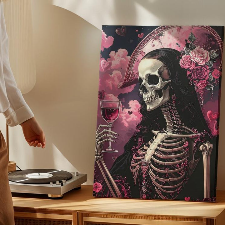 Skeleton Mona Lisa with Pink Clouds Canvas – Classic Halloween Art Remix - Gifitto