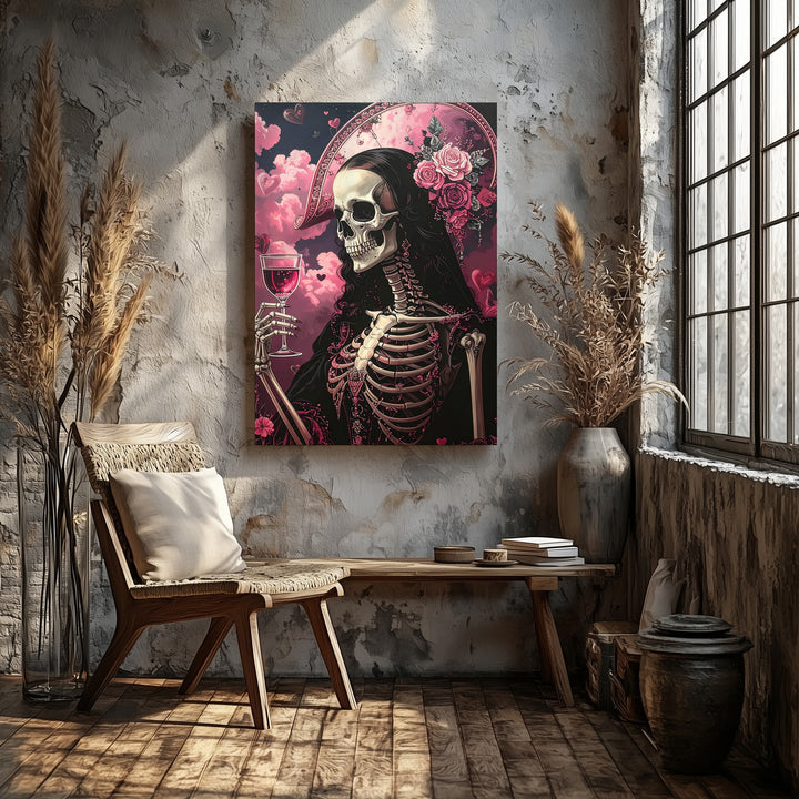 Skeleton Mona Lisa with Pink Clouds Canvas – Classic Halloween Art Remix - Gifitto