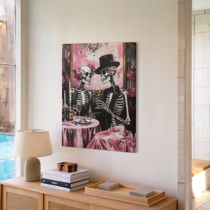Lavish Skeleton Toast Canvas – Champagne & Elegant Afterlife Celebration Art - Gifitto