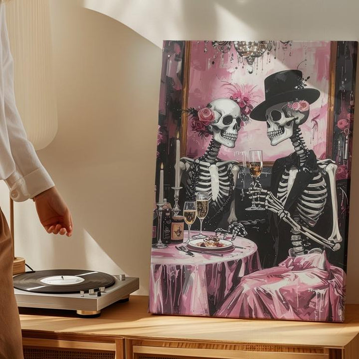 Lavish Skeleton Toast Canvas – Champagne & Elegant Afterlife Celebration Art - Gifitto