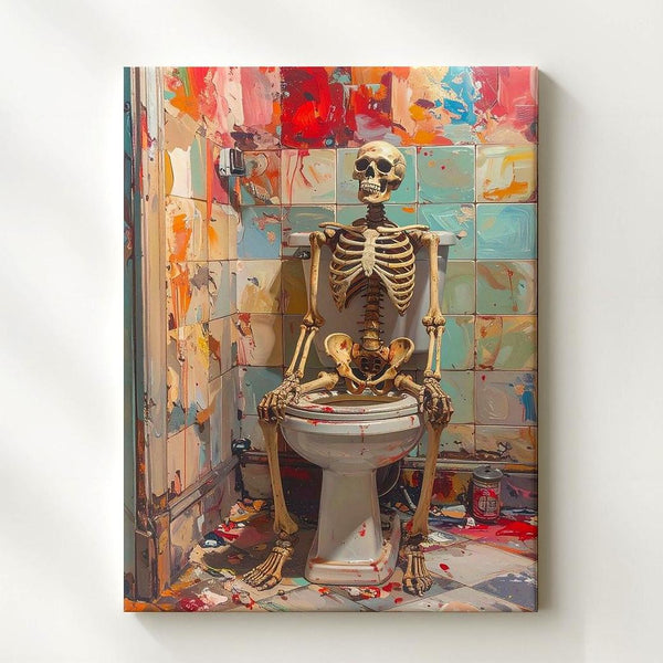 Bathroom Skeleton Canvas – Surreal Halloween Humor Wall Art - Gifitto