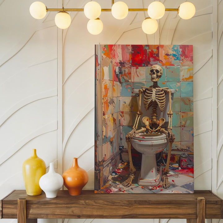 Bathroom Skeleton Canvas – Surreal Halloween Humor Wall Art - Gifitto