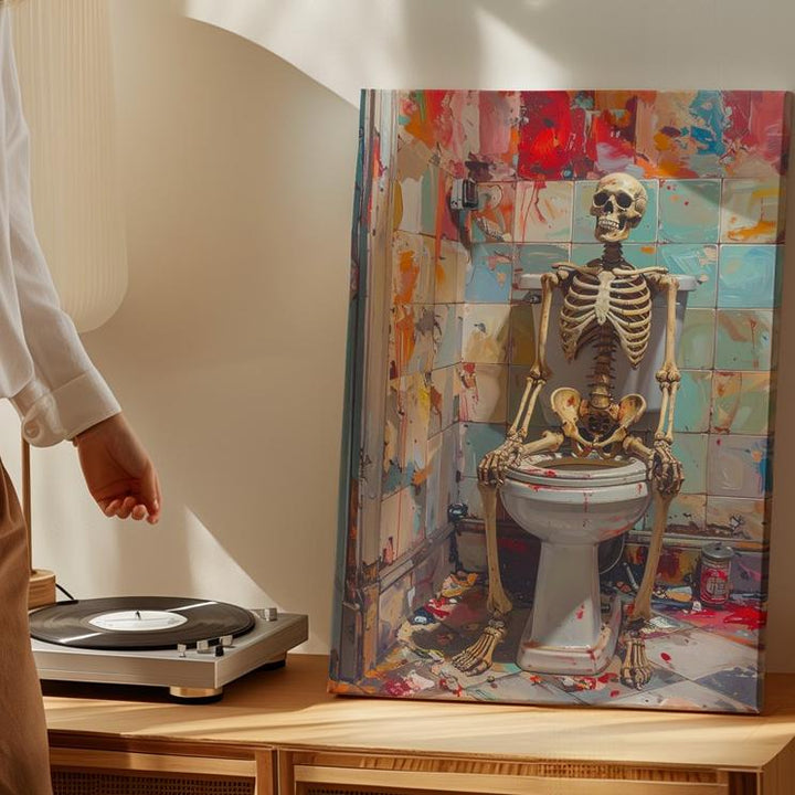 Bathroom Skeleton Canvas – Surreal Halloween Humor Wall Art - Gifitto