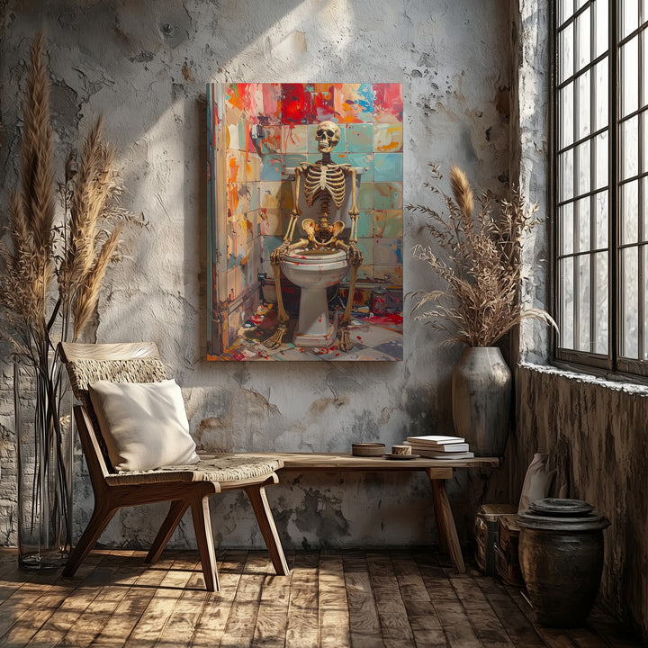 Bathroom Skeleton Canvas – Surreal Halloween Humor Wall Art - Gifitto