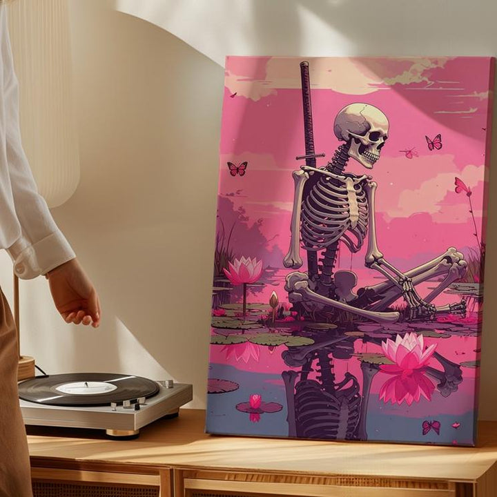 Serene Skeleton Lotus Canvas – Surreal Halloween Serenity Art - Gifitto