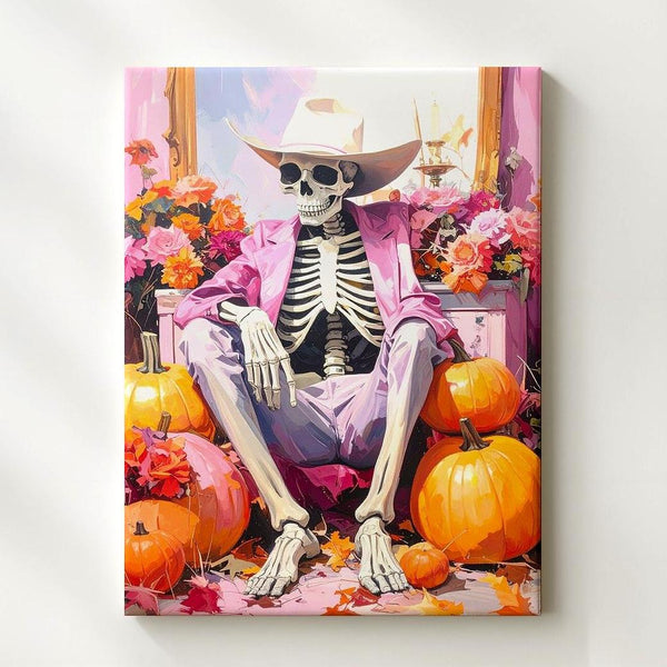 Glam Skeleton Vanity Canvas – Pink Halloween Art with Pumpkins & Floral Decor - Gifitto