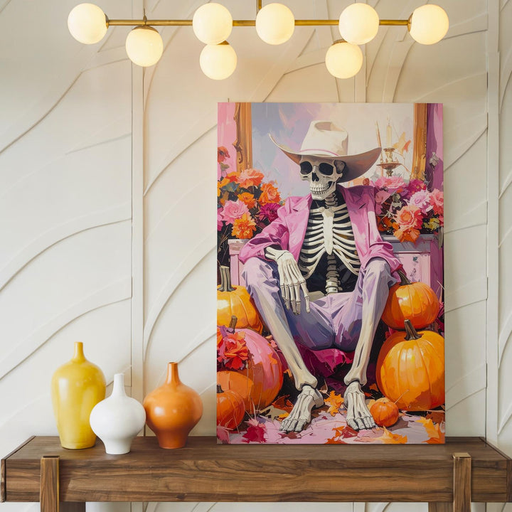 Glam Skeleton Vanity Canvas – Pink Halloween Art with Pumpkins & Floral Decor - Gifitto