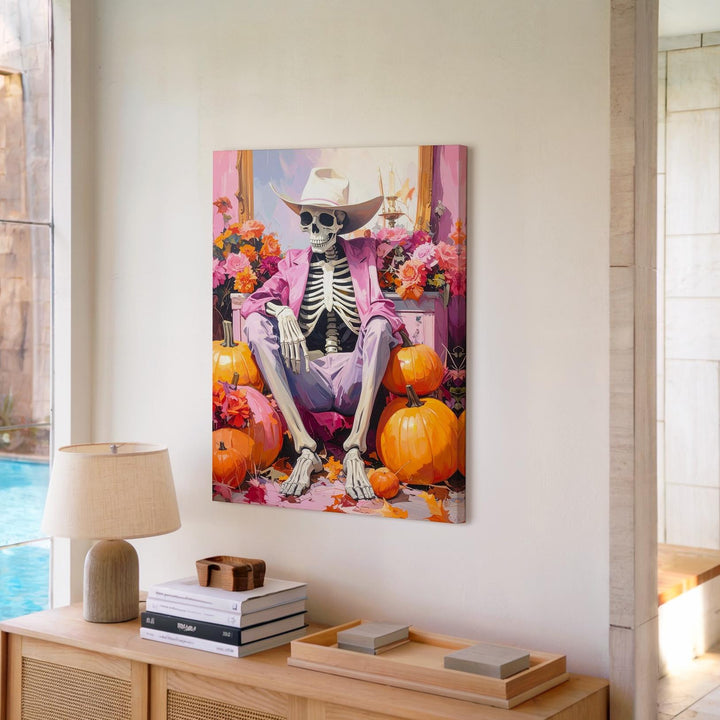 Glam Skeleton Vanity Canvas – Pink Halloween Art with Pumpkins & Floral Decor - Gifitto