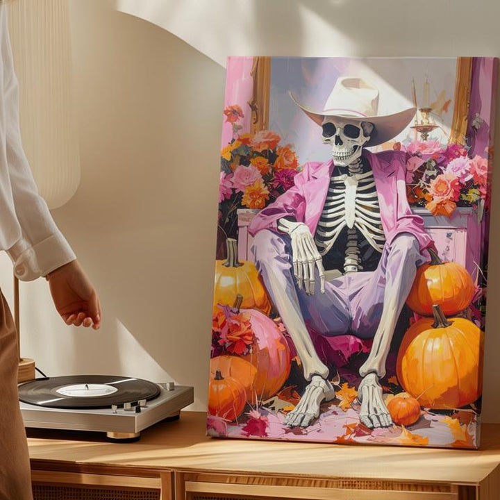 Glam Skeleton Vanity Canvas – Pink Halloween Art with Pumpkins & Floral Decor - Gifitto