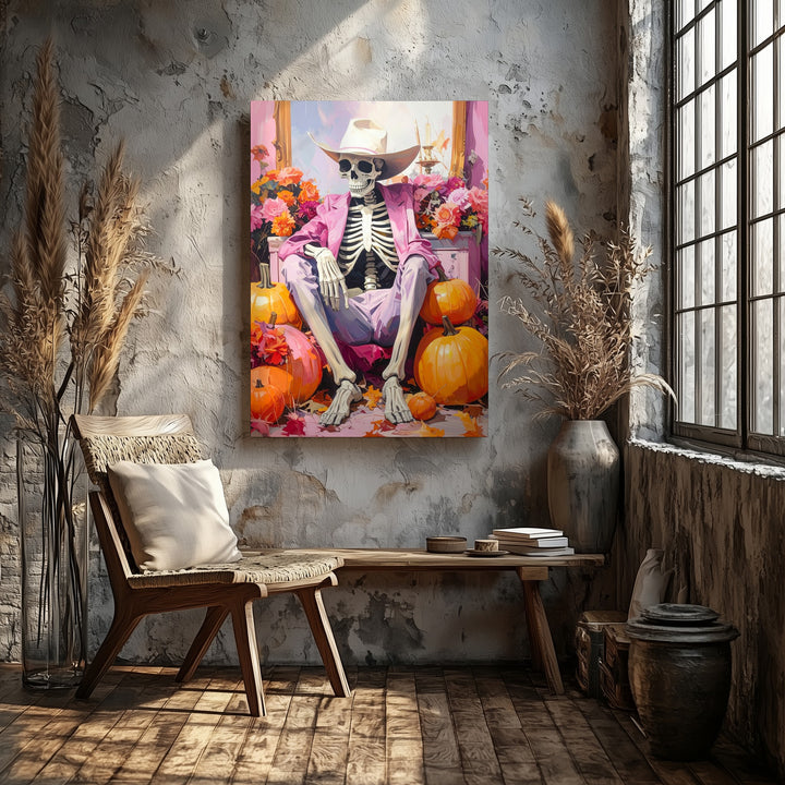 Glam Skeleton Vanity Canvas – Pink Halloween Art with Pumpkins & Floral Decor - Gifitto