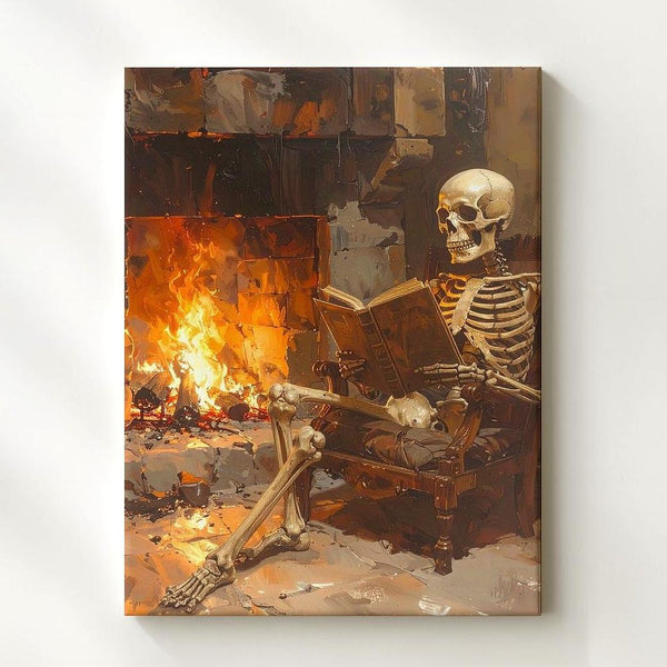 Fireside Skeleton Reading Canvas – Cozy Halloween Scene with Fireplace & Book - Gifitto