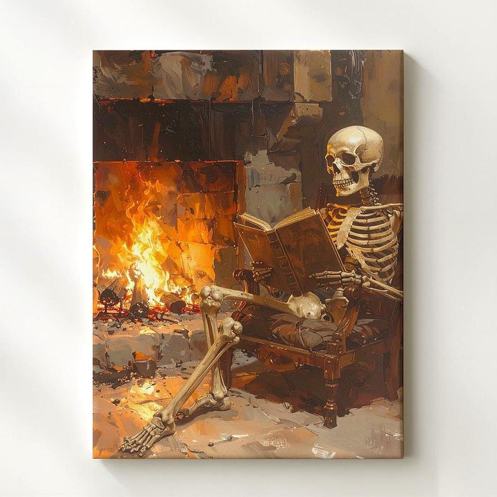 Fireside Skeleton Reading Canvas – Cozy Halloween Scene with Fireplace & Book - Gifitto
