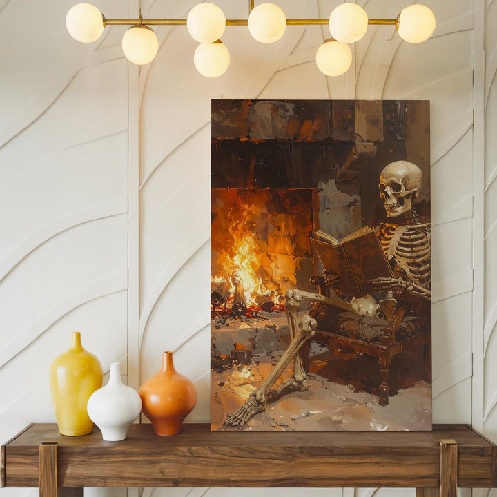 Fireside Skeleton Reading Canvas – Cozy Halloween Scene with Fireplace & Book - Gifitto