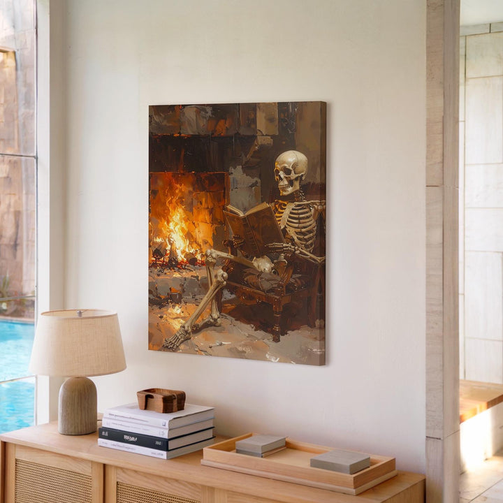 Fireside Skeleton Reading Canvas – Cozy Halloween Scene with Fireplace & Book - Gifitto