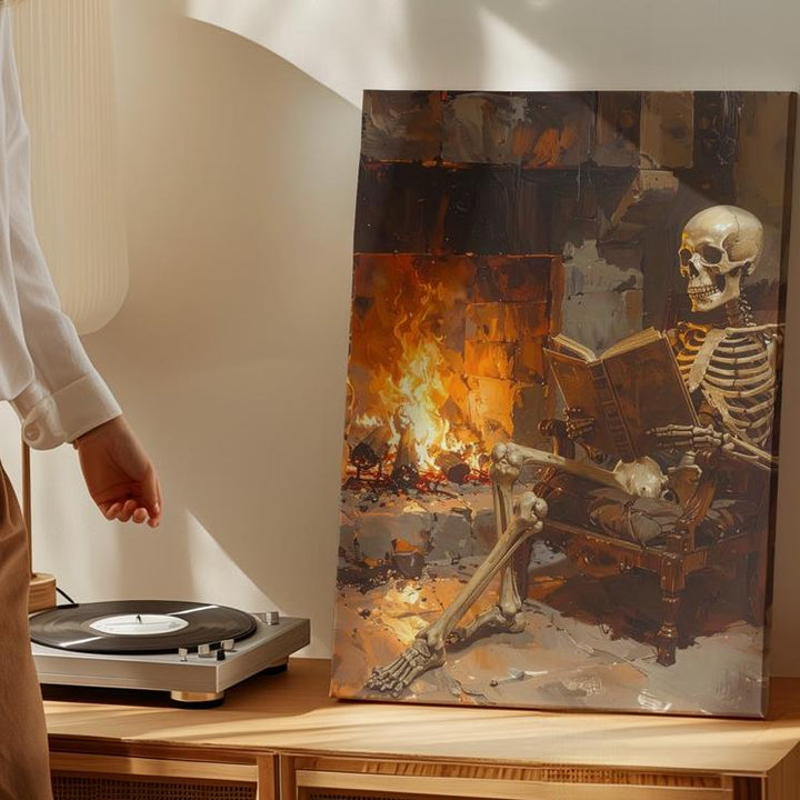 Fireside Skeleton Reading Canvas – Cozy Halloween Scene with Fireplace & Book - Gifitto