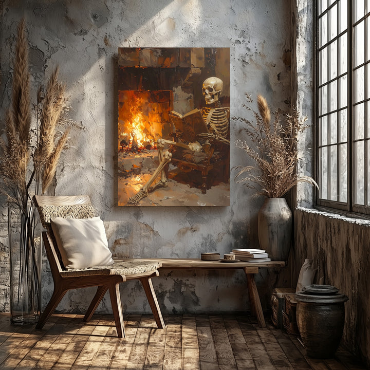 Fireside Skeleton Reading Canvas – Cozy Halloween Scene with Fireplace & Book - Gifitto