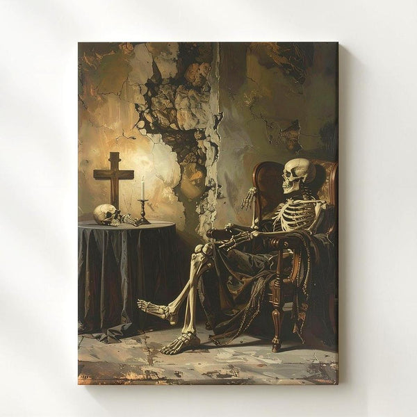Noble Skeleton in Armchair Canvas – Classical Vanitas & Timeless Stillness Wall Art - Gifitto
