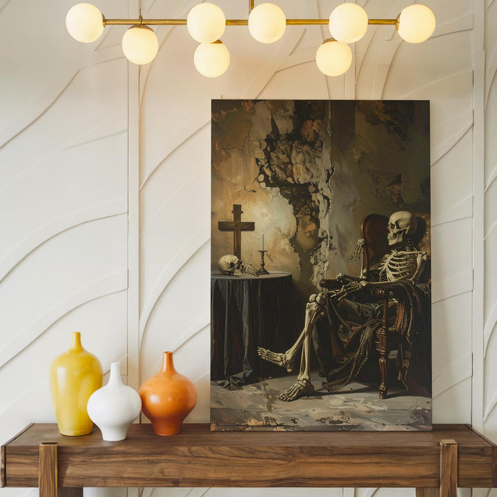 Noble Skeleton in Armchair Canvas – Classical Vanitas & Timeless Stillness Wall Art - Gifitto