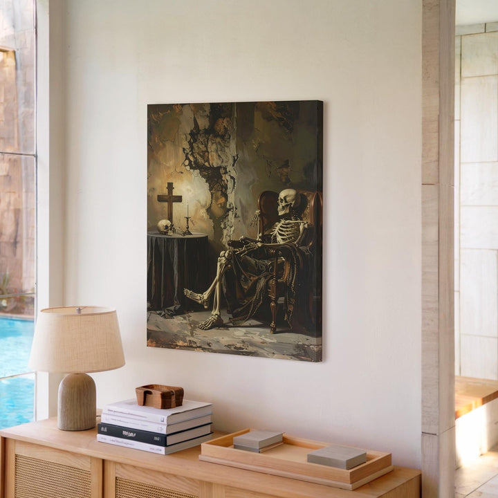 Noble Skeleton in Armchair Canvas – Classical Vanitas & Timeless Stillness Wall Art - Gifitto