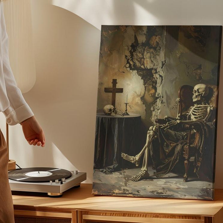 Noble Skeleton in Armchair Canvas – Classical Vanitas & Timeless Stillness Wall Art - Gifitto