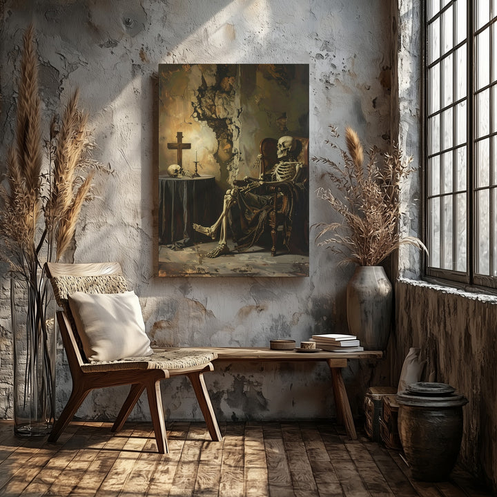 Noble Skeleton in Armchair Canvas – Classical Vanitas & Timeless Stillness Wall Art - Gifitto