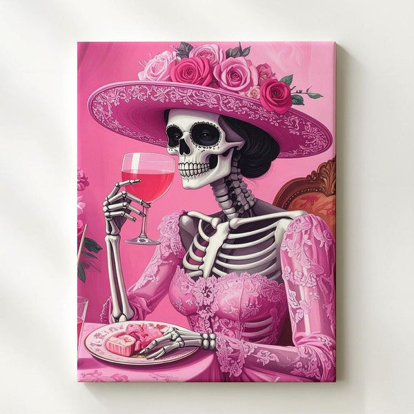 Flirty Skeleton Toast Canvas – Pink High Society Halloween Art with Cocktail & Lace - Gifitto