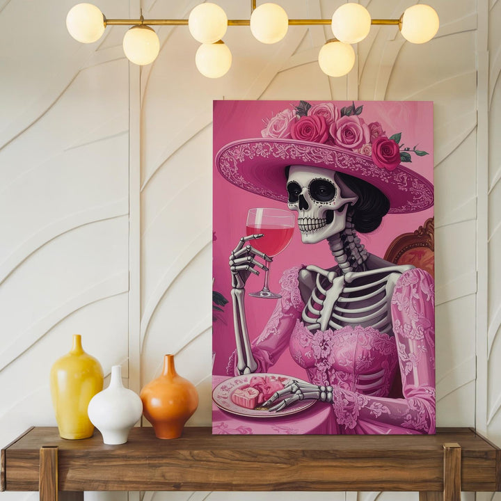 Flirty Skeleton Toast Canvas – Pink High Society Halloween Art with Cocktail & Lace - Gifitto