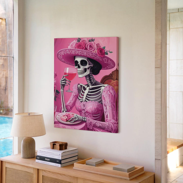 Flirty Skeleton Toast Canvas – Pink High Society Halloween Art with Cocktail & Lace - Gifitto
