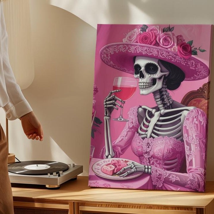 Flirty Skeleton Toast Canvas – Pink High Society Halloween Art with Cocktail & Lace - Gifitto