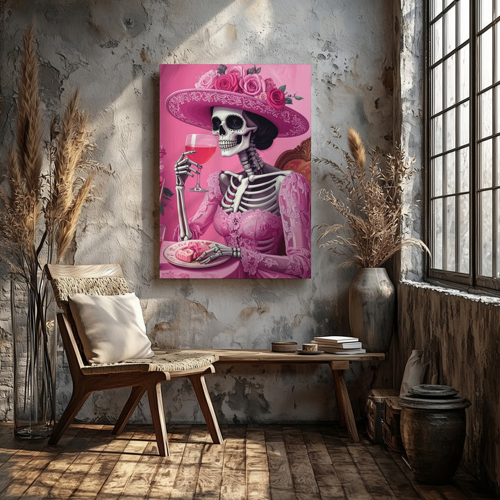 Flirty Skeleton Toast Canvas – Pink High Society Halloween Art with Cocktail & Lace - Gifitto