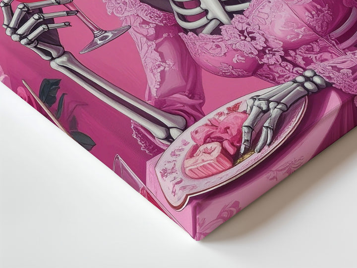 Flirty Skeleton Toast Canvas – Pink High Society Halloween Art with Cocktail & Lace - Gifitto