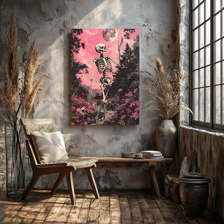 Pink Gothic Skeleton Canvas – Surreal Forest Fantasy Wall Art - Gifitto
