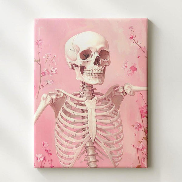 Cheerful Skeleton Canvas – Waving Pose & Pastel Blossoms Art - Gifitto