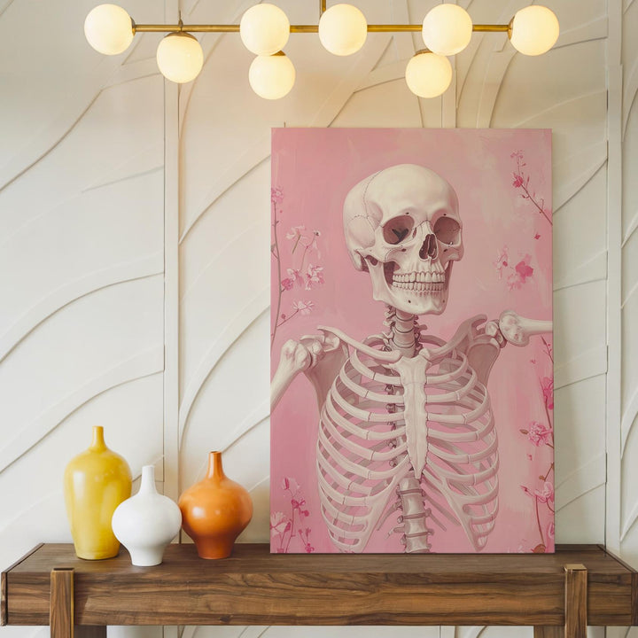 Cheerful Skeleton Canvas – Waving Pose & Pastel Blossoms Art - Gifitto