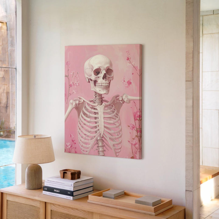 Cheerful Skeleton Canvas – Waving Pose & Pastel Blossoms Art - Gifitto
