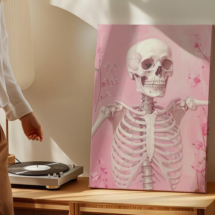 Cheerful Skeleton Canvas – Waving Pose & Pastel Blossoms Art - Gifitto