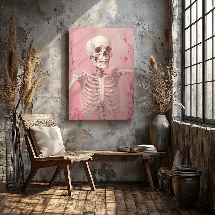 Cheerful Skeleton Canvas – Waving Pose & Pastel Blossoms Art - Gifitto