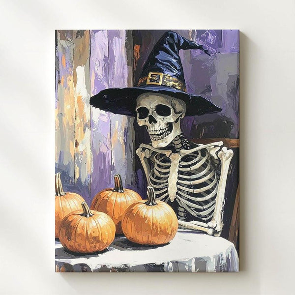 Witch Hat Skeleton Canvas – Cozy Halloween Table Scene with Pumpkins - Gifitto