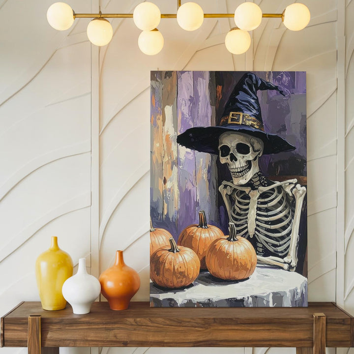 Witch Hat Skeleton Canvas – Cozy Halloween Table Scene with Pumpkins - Gifitto