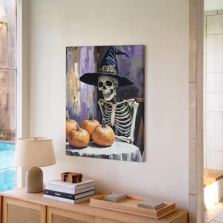 Witch Hat Skeleton Canvas – Cozy Halloween Table Scene with Pumpkins - Gifitto