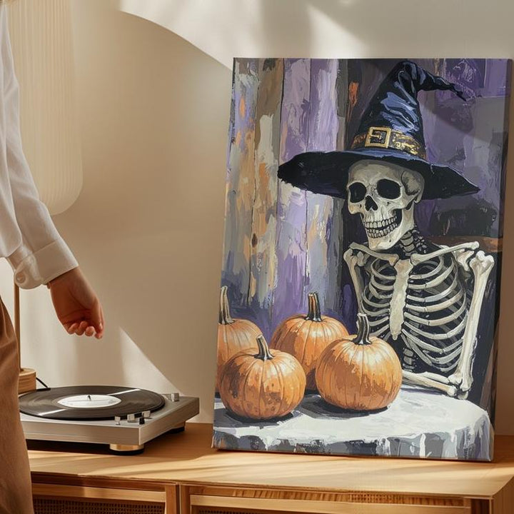 Witch Hat Skeleton Canvas – Cozy Halloween Table Scene with Pumpkins - Gifitto