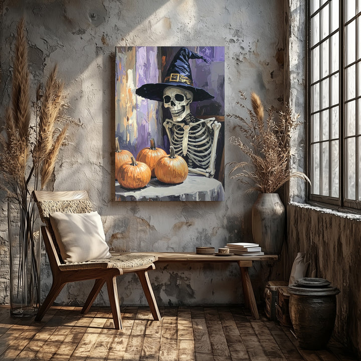 Witch Hat Skeleton Canvas – Cozy Halloween Table Scene with Pumpkins - Gifitto