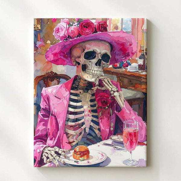 Elegant Skeleton Canvas – Pink Hat & Blazer Halloween Celebration Art - Gifitto
