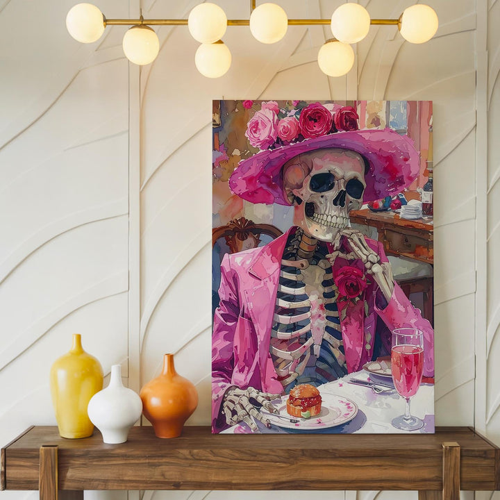 Elegant Skeleton Canvas – Pink Hat & Blazer Halloween Celebration Art - Gifitto