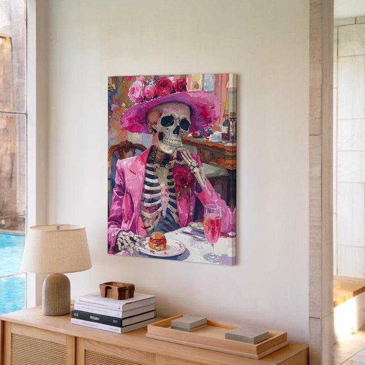 Elegant Skeleton Canvas – Pink Hat & Blazer Halloween Celebration Art - Gifitto