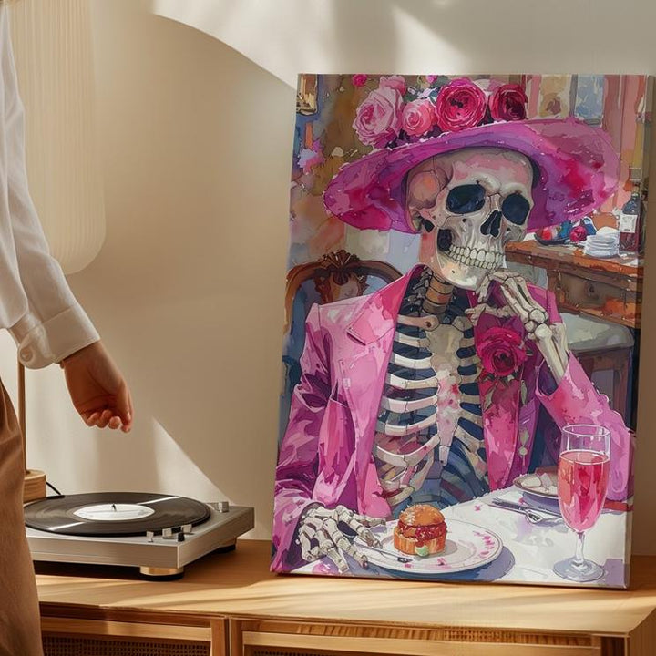 Elegant Skeleton Canvas – Pink Hat & Blazer Halloween Celebration Art - Gifitto
