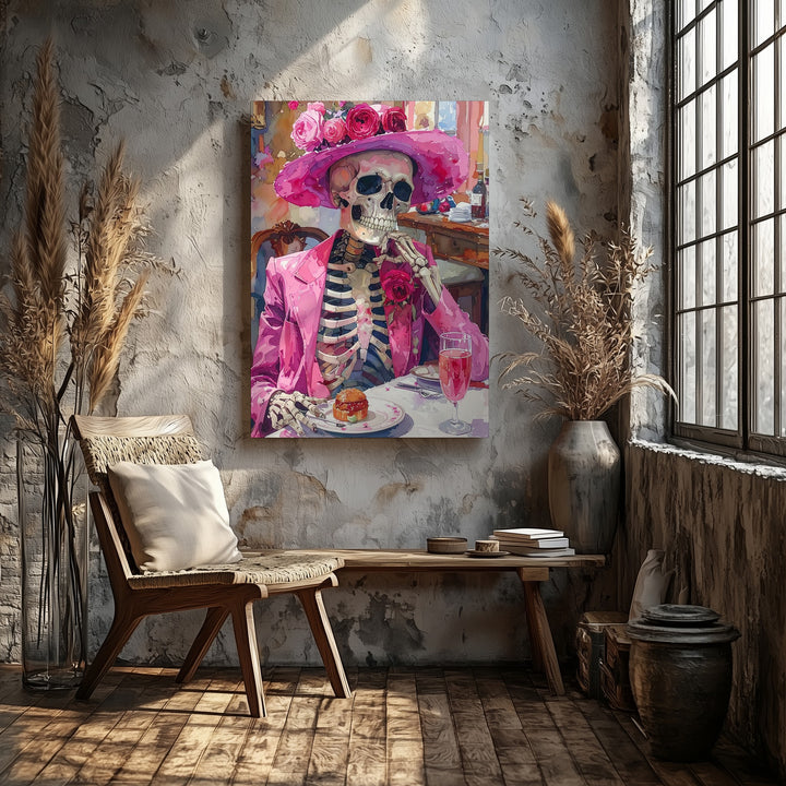 Elegant Skeleton Canvas – Pink Hat & Blazer Halloween Celebration Art - Gifitto